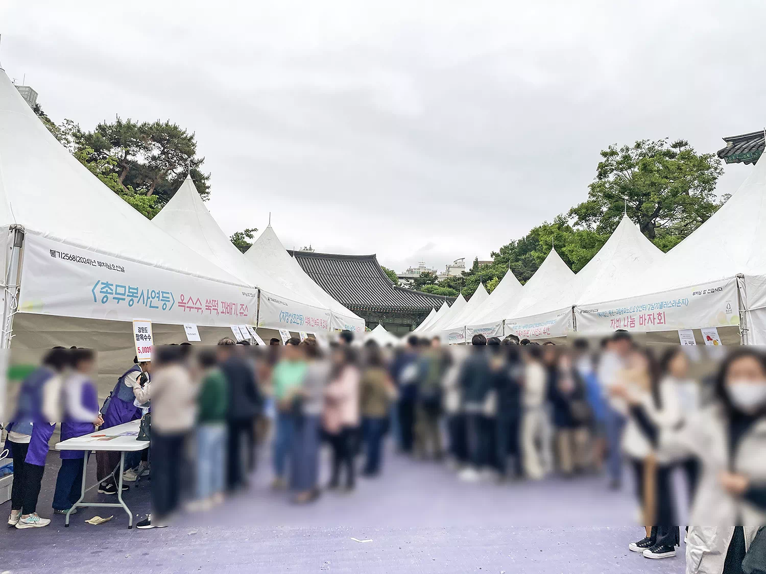 식혜, 옥수수, 쑥떡 등의 먹거리와 바자회 부스 등이 줄세워져 있고 많은 인파가 몰려있다.