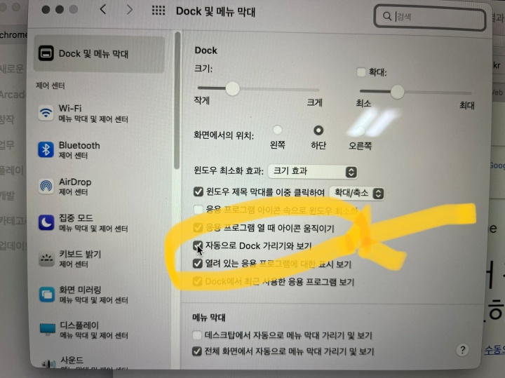 DOCK 및 메뉴 막대 설정