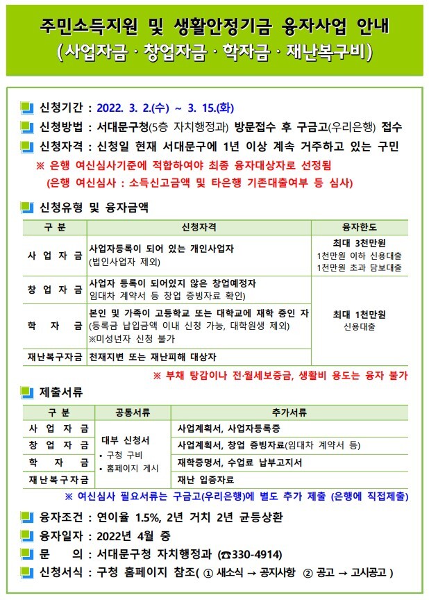  서대문구  2022년 상반기 주민소득지원 및 생활안정기금 융사사업