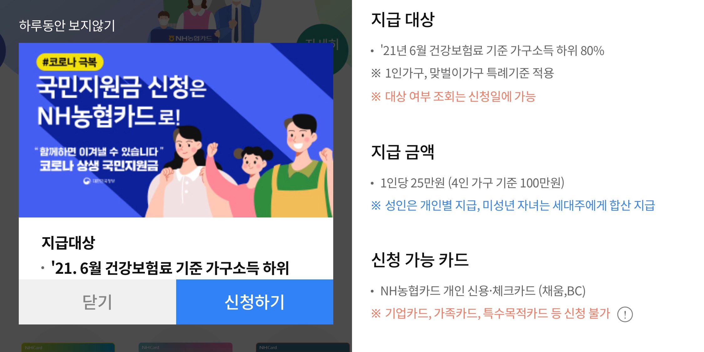 국민지원금 NH농협카드로 받기 / 이용내역 확인 / 사용가능처 이용가맹점  / 사용지역변경