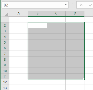 셀 B2에서 Shift를 누르고 마우스로 D11을 선택한 결과