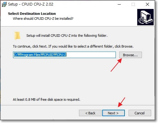 "Browse..."를 클릭하여, 특정 폴더를 설치 경로로 지정할 수 있음을 표시한 사진입니다.