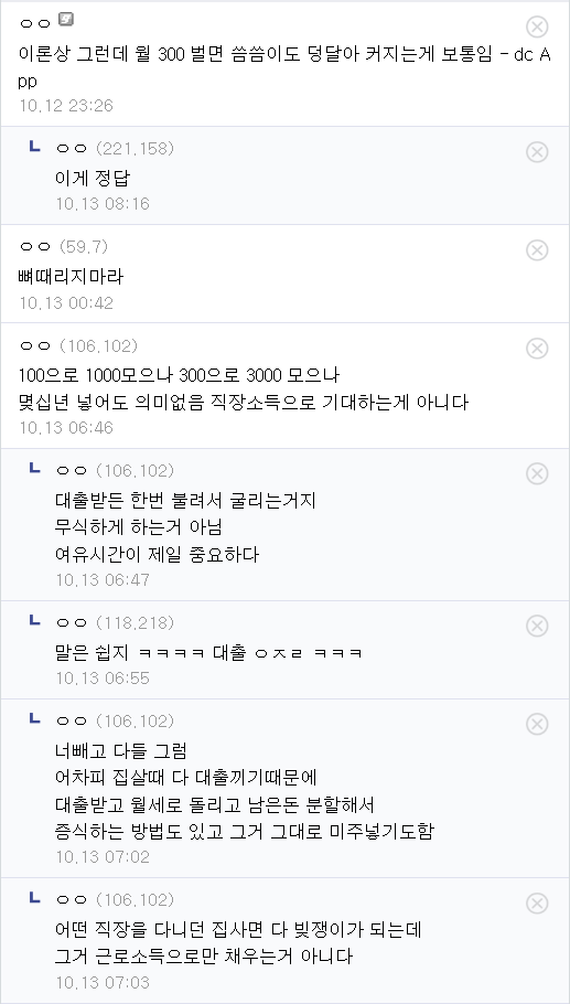이론상 그런데 월 300 벌면 씀씀이도 덩달아 커지는게 보통임 - dc A
pp
10,12 23:26
L ㅇㅇ(221.158) 이게 정답
10,13 08:16
ㅇㅇ(59.7)
뼈때리지마라
10,13 00:42
ㅇㅇ(106.102)
100으로 1000모으나 300으로 3000 모으나 몇십년 넣어도 의미없음 직장소득으로 기대하는게 아니다
10,13 06:46
ㄴㅇㅇ(106.102)
대출받든 한번 불려서 굴리는거지 무식하게 하는거 아님 여유시간이 제일 중요하다
10.13 08:47
L00 (118.218)
말은 쉽지 ㅋㅋㅋㅋ 대출 ㅇㅈㄹ ㅋㅋㅋ
10,13 06:55
Lㅇㅇ(106.102)
너빼고 다들 그럼
어차피 집살때 다 대출끼기때문에 대출받고 월세로 돌리고 남은돈 분할해서 증식하는 방법도 있고 그거 그대로 미주넣기도함
10,13 07:02
LOO(106.102)
어떤 직장을 다니던 집사면 다 빚쟁이가 되는데 그거 근로소득으로만 채우는거 아니다