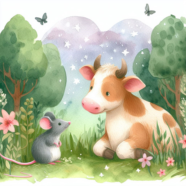쥐와 소가 숲속에서 이야기하는 그림