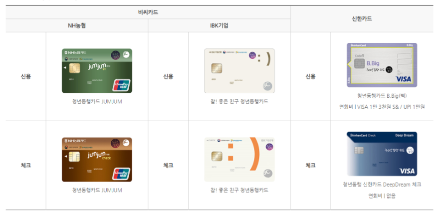 청년동행카드 사용 가능한 카드사 및 카드 종류 - BC카드&#44;신한카드
