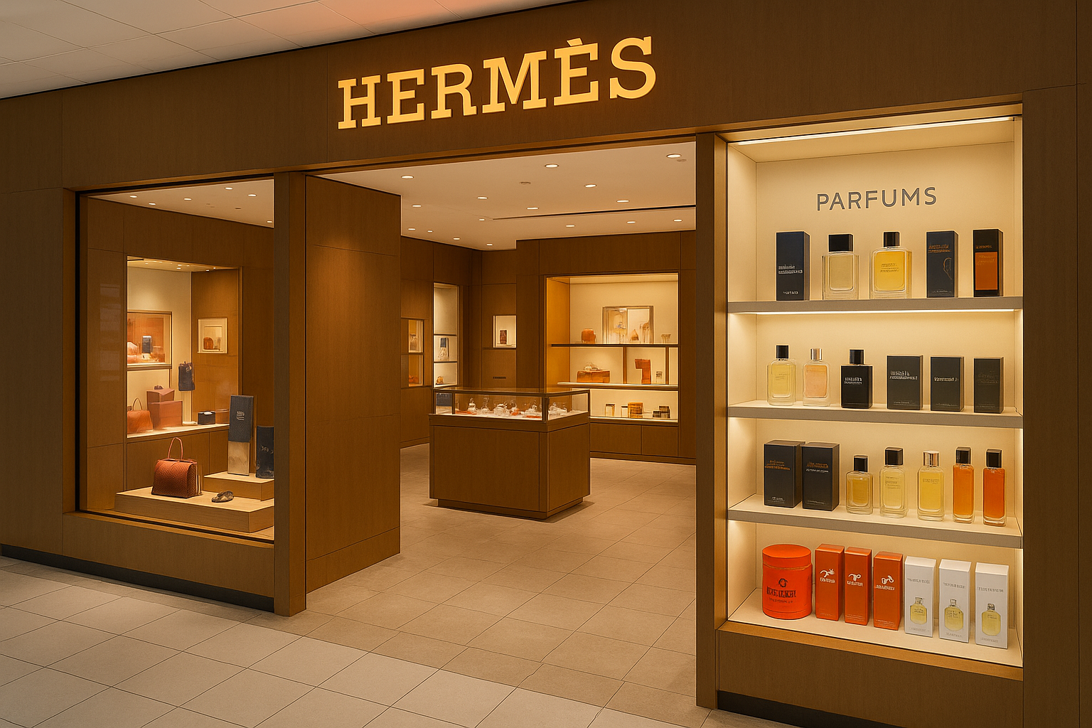 시드니 공항 면세점 Hermès 매장 전면 + 향수 진열 코너 (Terre d’Hermès 포함)