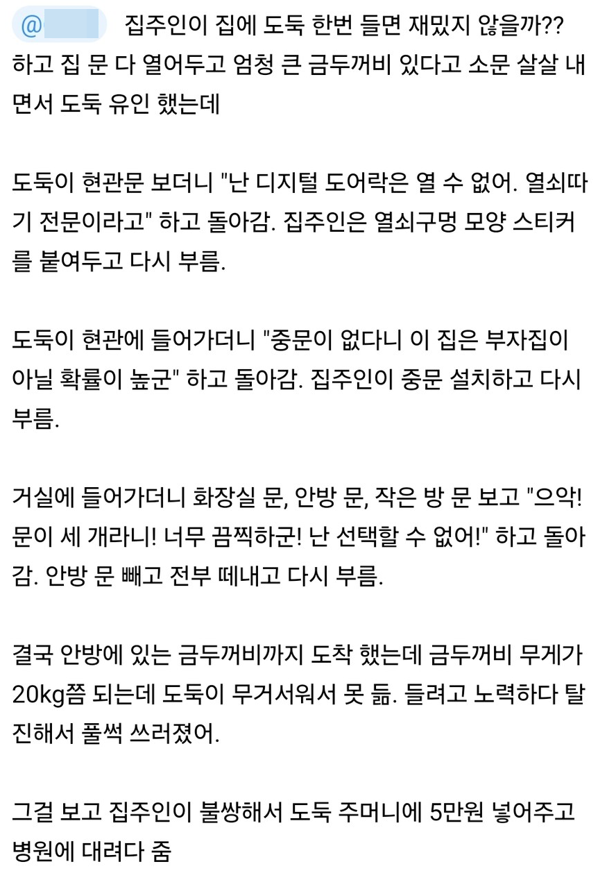 집주인이 집에 도둑 한번 들면 재밌지 않을까?? 하고 집문 다 열어두고 엄청 큰 금두꺼비 있다고 소문 살살 내 면서 도둑 유인 했는데
도둑이 현관문 보더니 &quot;난 디지털 도어락은 열 수 없어. 열쇠따 기 전문이라고&quot; 하고 돌아감. 집주인은 열쇠구멍 모양 스티커 를 붙여두고 다시 부름.
도둑이 현관에 들어가더니 &quot;중문이 없다니 이 집은 부자집이 아닐 확률이 높군&quot; 하고 돌아감. 집주인이 중문 설치하고 다시 부름.
거실에 들어가더니 화장실 문, 안방 문, 작은 방문 보고 &quot;으악! 문이 세 개라니! 너무 끔찍하군! 난 선택할 수 없어!&quot; 하고 돌아 감. 안방 문 빼고 전부 떼내고 다시 부름.
결국 안방에 있는 금두꺼비까지 도착 했는데 금두꺼비 무게가 20kg쯤 되는데 도둑이 무거서워서 못 듦. 들려고 노력하다 탈 진해서 풀썩 쓰러졌어.
그걸 보고 집주인이 불쌍해서 도둑 주머니에 5만원 넣어주고 병원에 대려다 줌