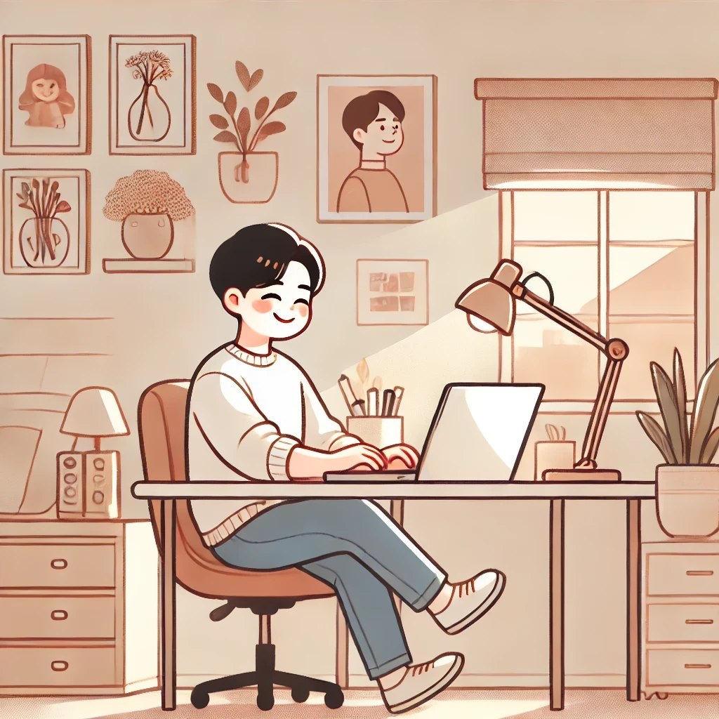 집에서 온라인 부업을 하는 남성 일러스트이미지