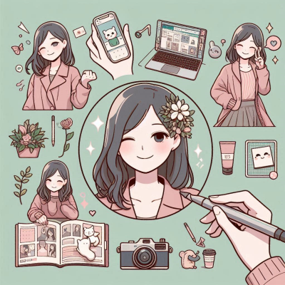 꽃을 머리에 장식한 소녀가 카메라, 책, 꽃 등 다양한 아이템을 들고 있는 모습입니다.