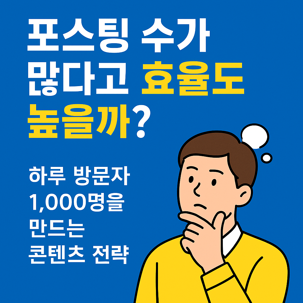 파란 배경 위에 '포스팅 수가 많다고 효율도 높을까? 하루 방문자 1,000명을 만드는 콘텐츠 전략'이라는 문구가 적혀 있고, 오른쪽 하단에는 노란 셔츠를 입은 남성이 손을 턱에 대고 고민하는 모습의 일러스트