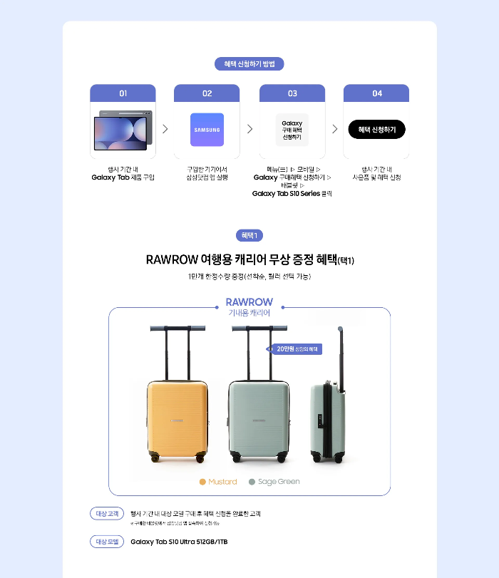 Samsung Galaxy Tab S10 Ultra 구매 혜택 이벤트 설명. 삼성 갤럭시 탭 구매 후 혜택 신청 절차 및 RAWROW 여행용 캐리어 증정 혜택을 소개. 선택 가능한 캐리어 색상은 머스타드와 세이지 그린.