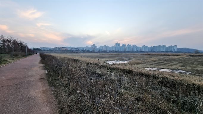 왼쪽에 직선 길&#44; 우측에 들판&#44; 멀리 신도시 아파트들&#44;