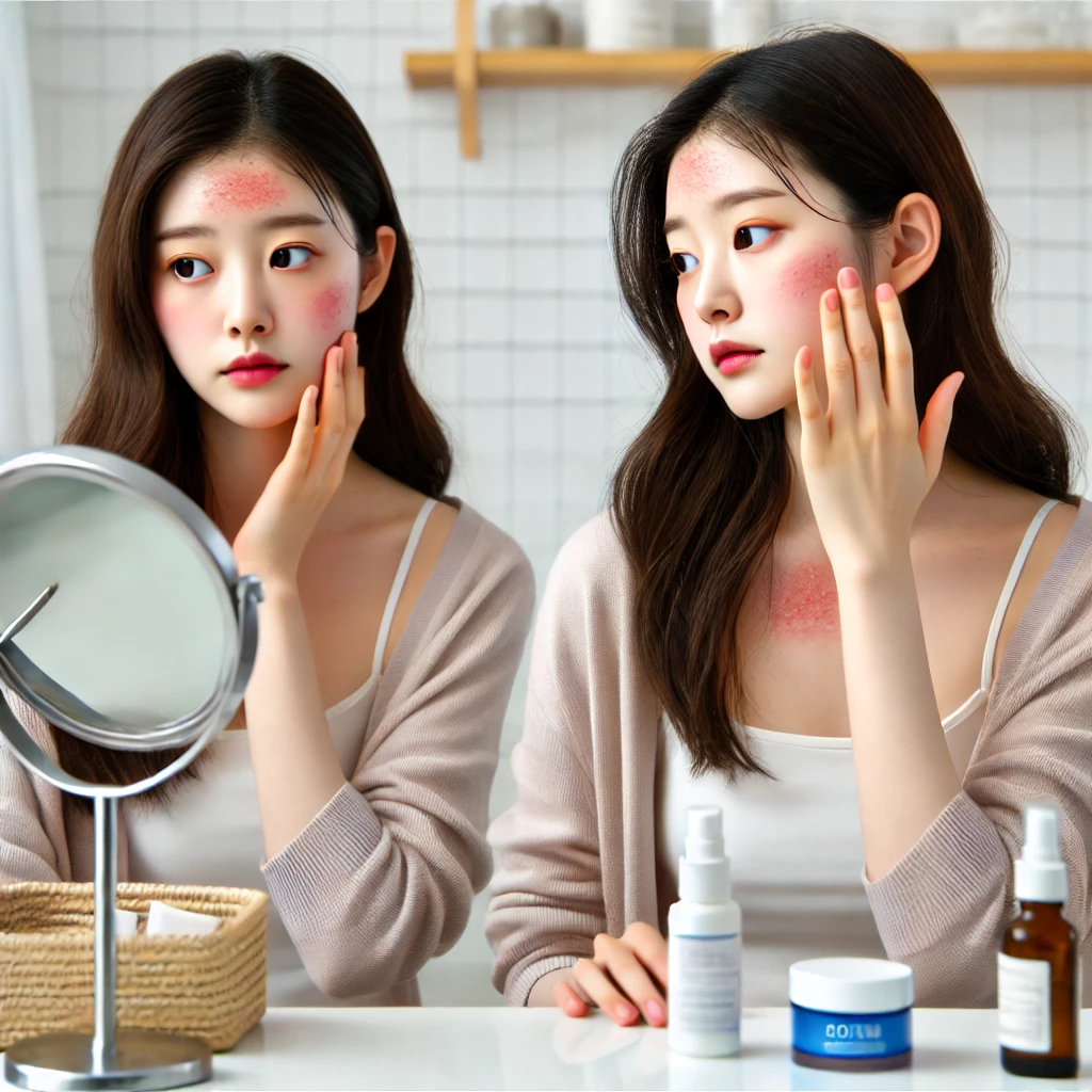 스트레스로 인해 피부 트러블이 발생한 모습과 이를 관리하는 장면