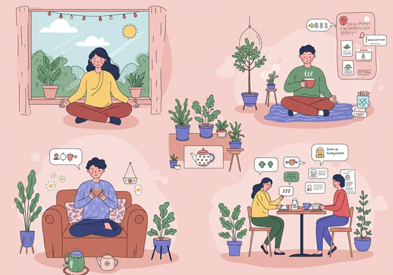 스트레스해소 명상 차마시기 반려식물 친구와대화 휴식 긍정적인마음 힐링 플랫디자인 일러스트레이션 한국