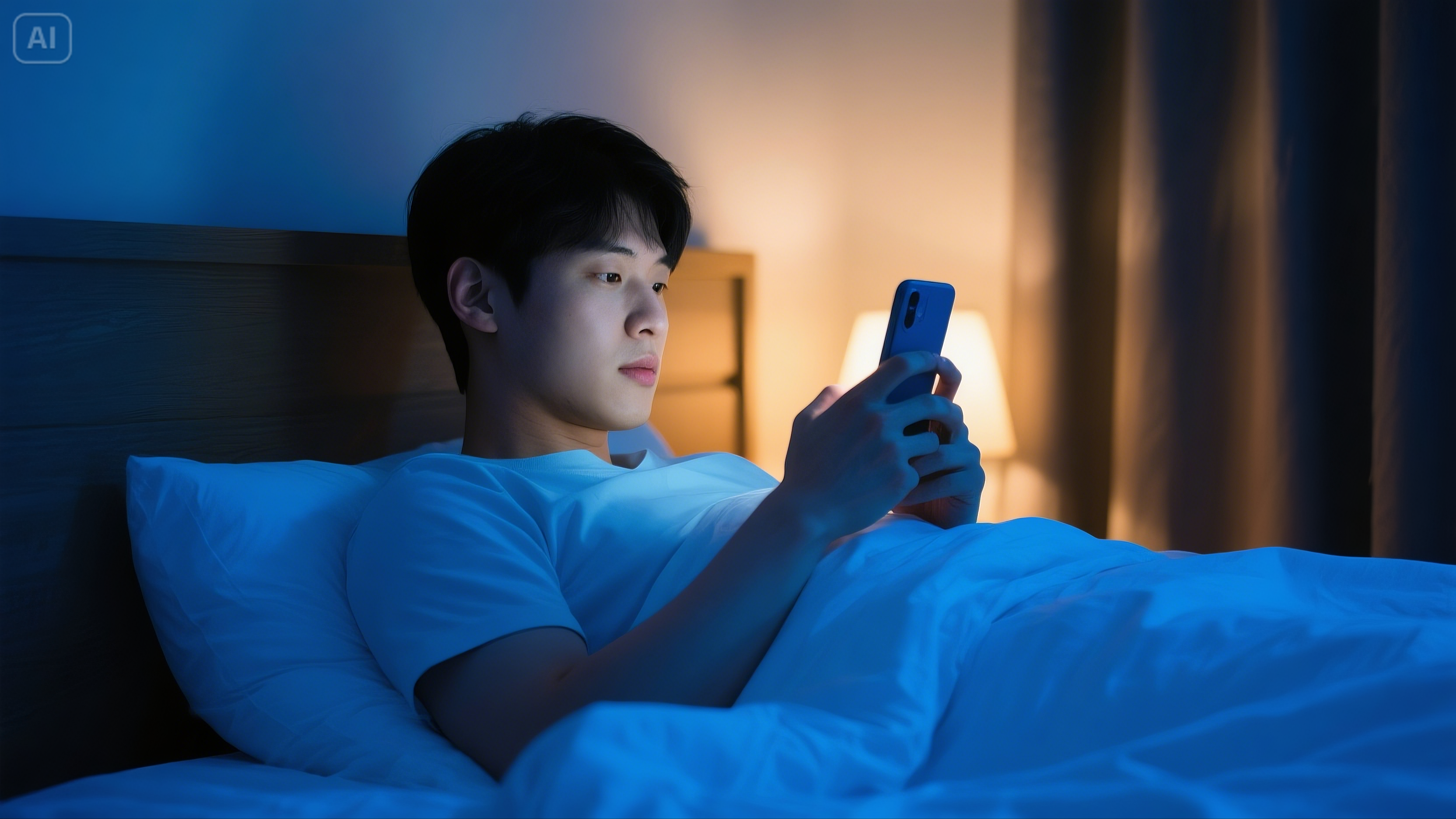 늦은 밤 침대에서 스마트폰을 들여다보는 한국 남성, 방 안은 블루라이트로 물든 느낌