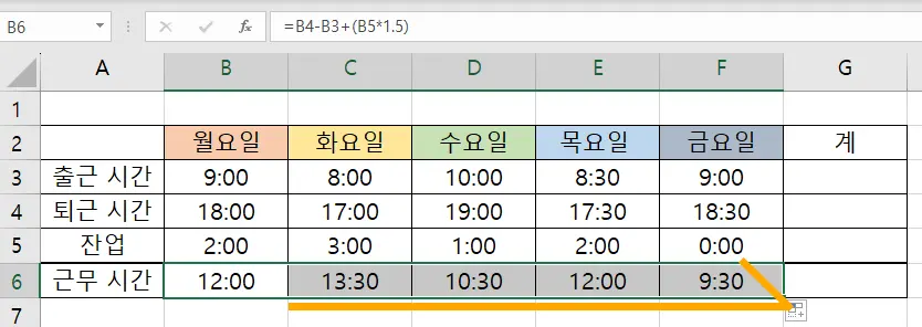 엑셀에서 자동 채우기를 통해서 근무시간을 채우는 모습