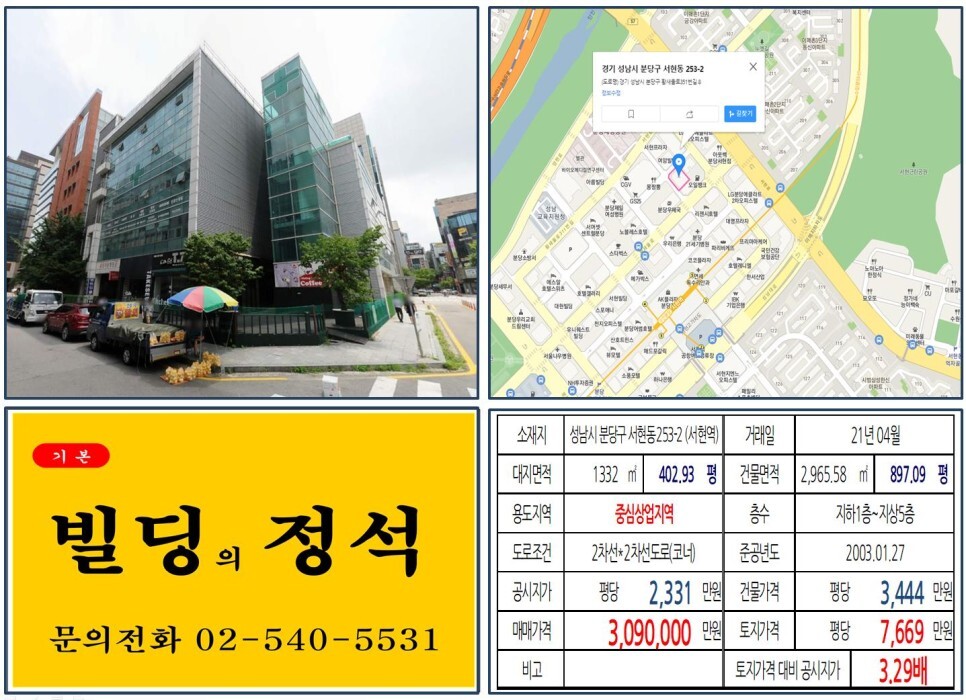  [성남시 분당구 300억 메디컬빌딩 실거래가 조회] 서현동 253-2 (서현역) 309억 원, 평당 7,669만 원 매매되었습니다. 분당재생병원, 성남교육청, 분당구청
