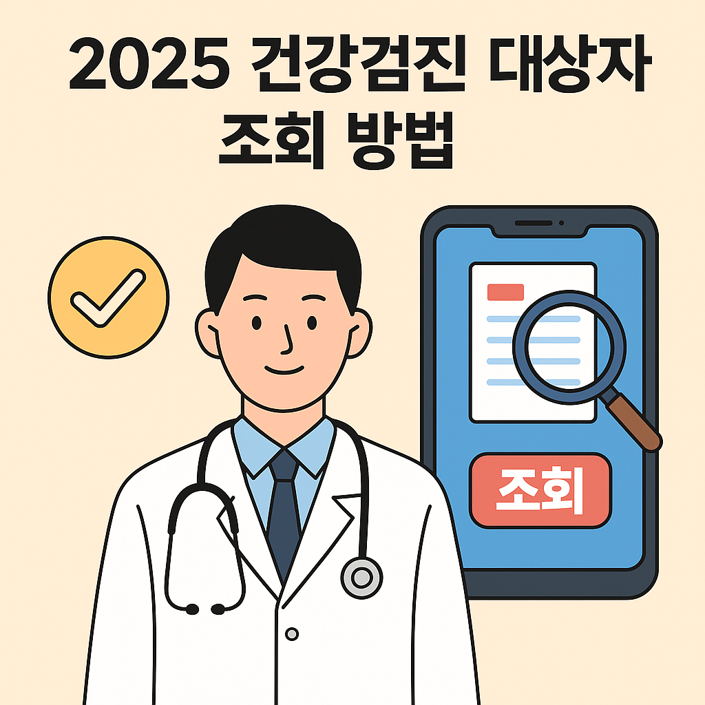건강검진 대상자 조회 및 암검진 대상 정리 인포그래픽 – 2025년 국가건강검진과 암검진 대상 기준을 한눈에 보여주는 플랫 스타일 일러스트