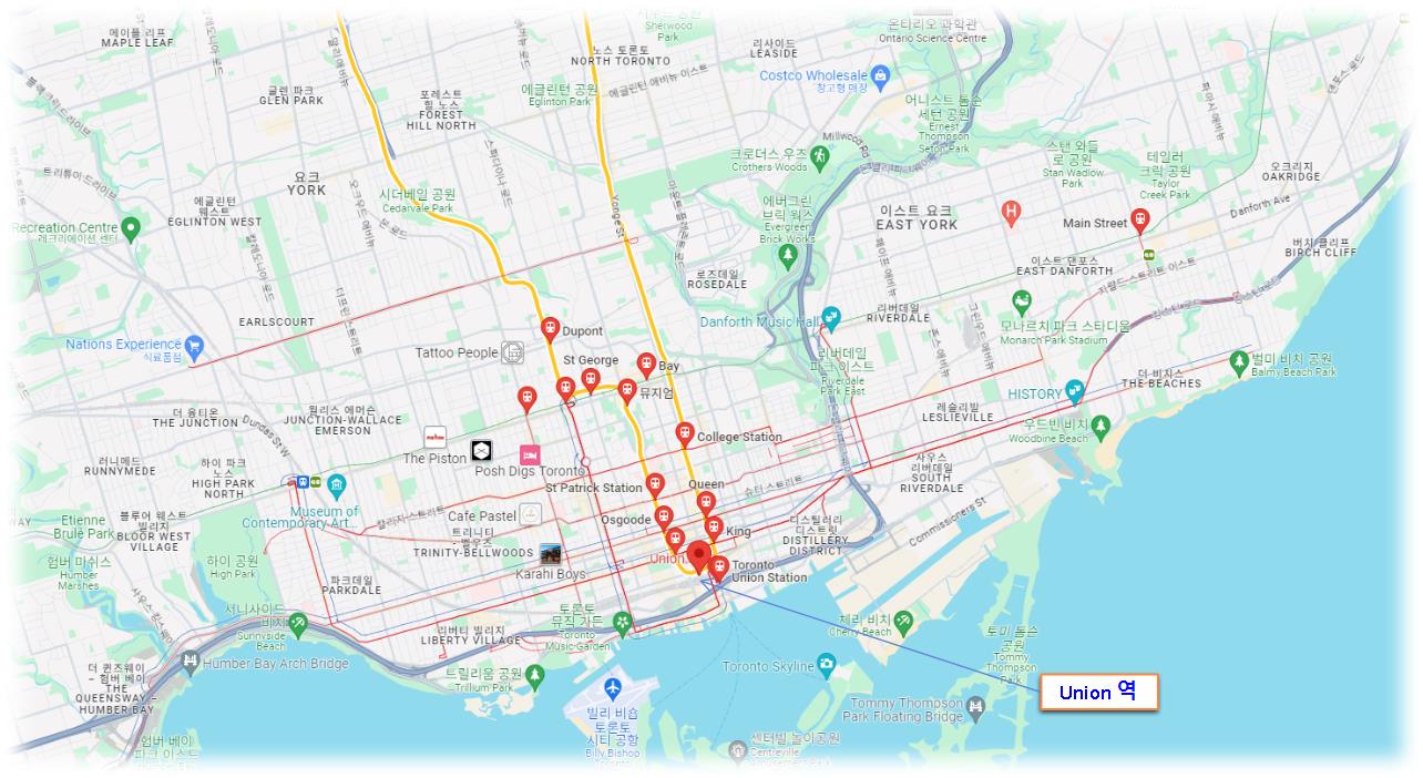 캐나다 토론토(Toronto) 지하철 노선도 ; 근처 및 주변 지도 토론토 유니온 역 (Union 역) 중심으로