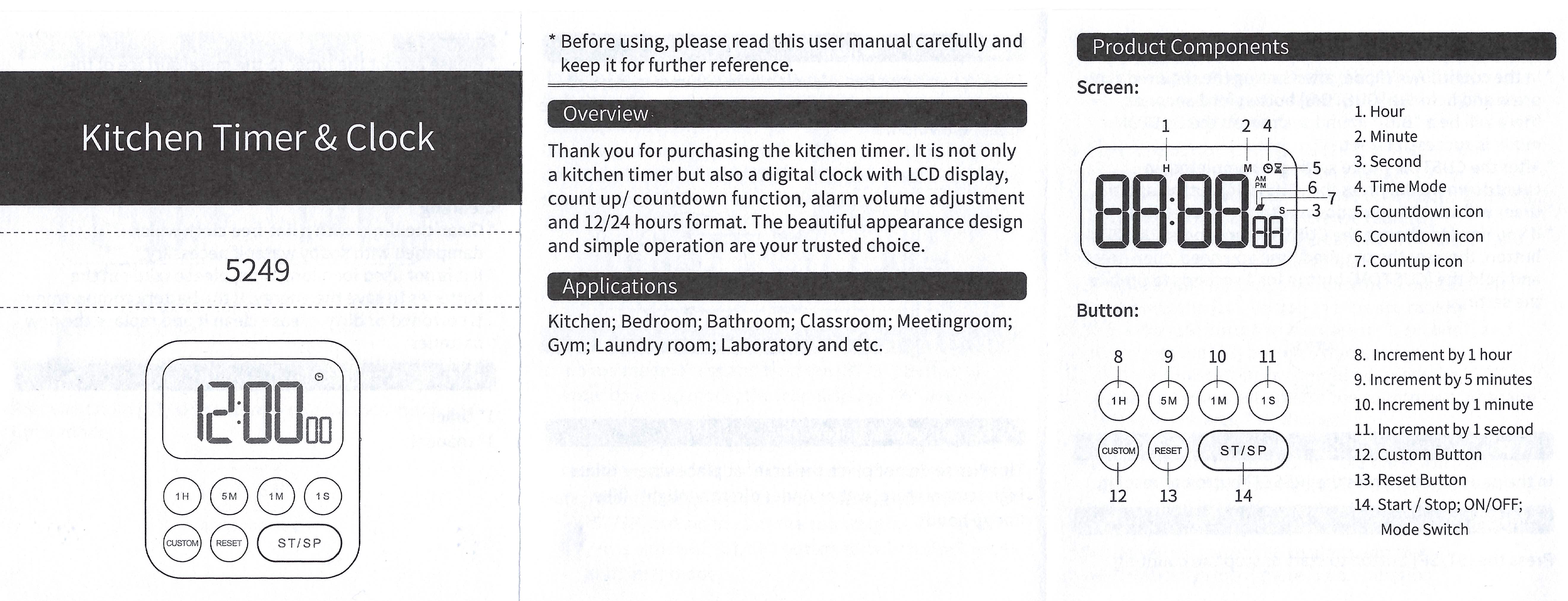 NOKLEAD Multifunctional Kitchen Timer (Model 5249) 매뉴얼