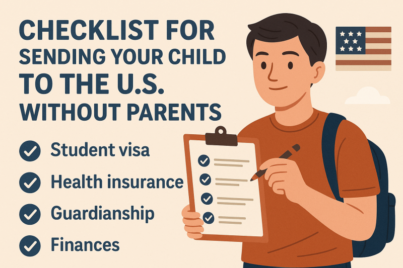 Illustration of a student holding a checklist titled 'Checklist for sending your child to the U.S. without parents', including student visa, health insurance, guardianship, and finances.