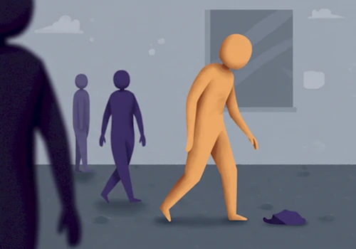 개념적 일러스트 스타일로 그린&amp;#44; 사회적 고립&amp;#44; 느려진 움직임 등 우울증으로 인한 행동 변화를 표현한 상징적 인물