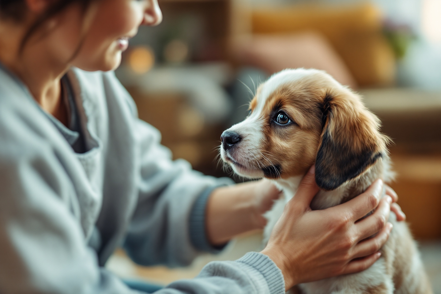 person caring for a special needs puppy, gentle touch