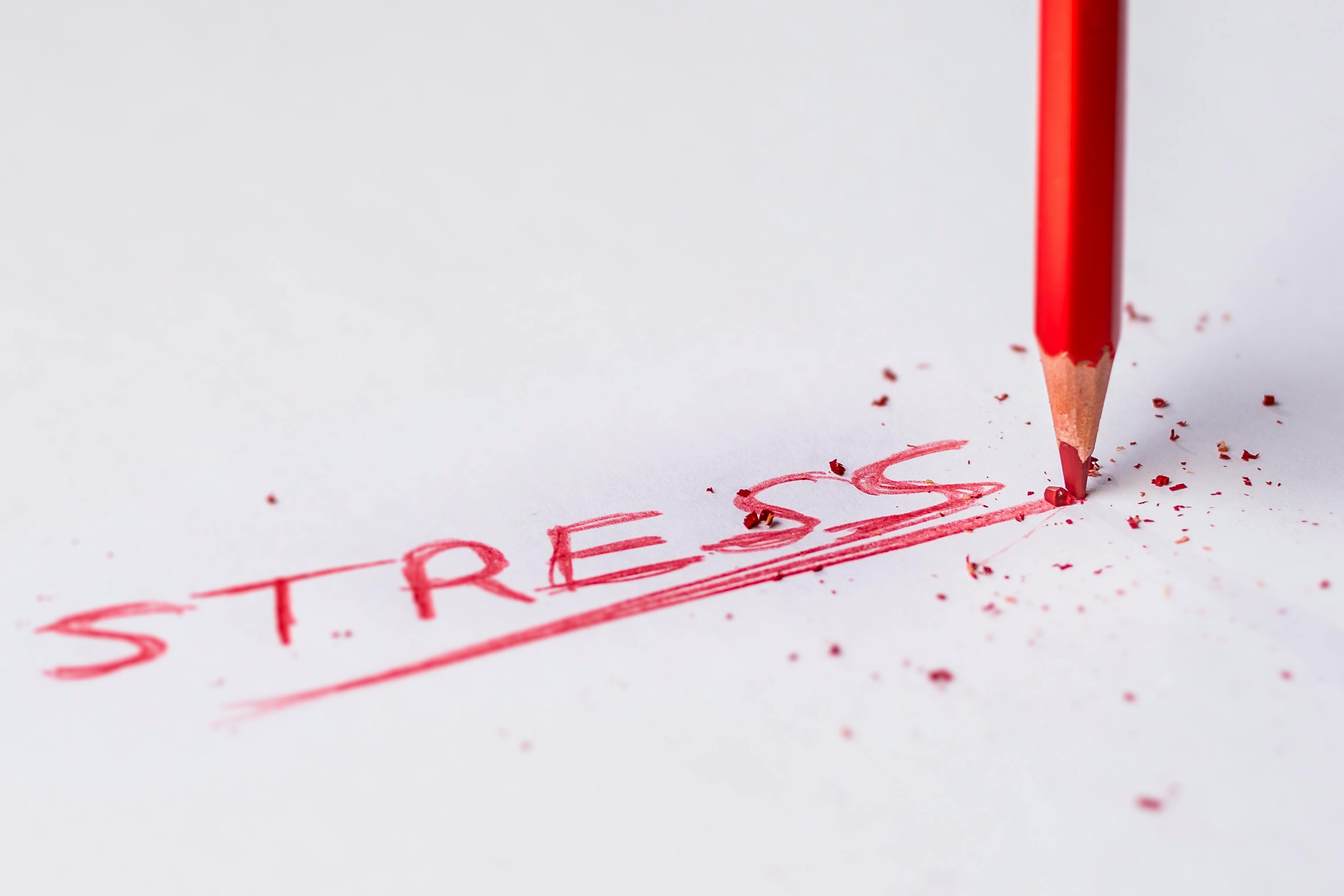 빨간 연필로 종이에 STRESS를 적고 연필심을 꽉 눌러 연필심을 부순 모습