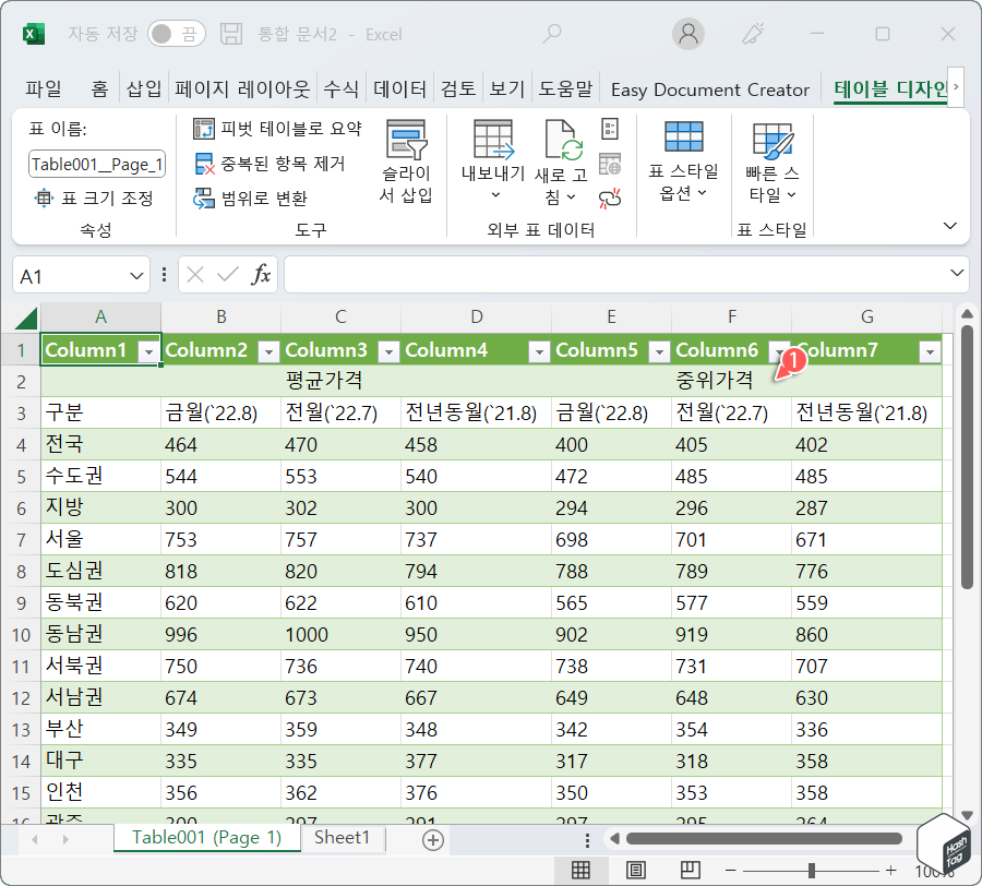 Excel 시트에서 PDF 파일 테이블 데이터 가져오기 완료