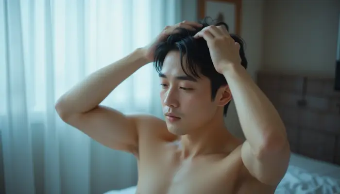 자기 전 두피 마사지를 하는 한국인 남성