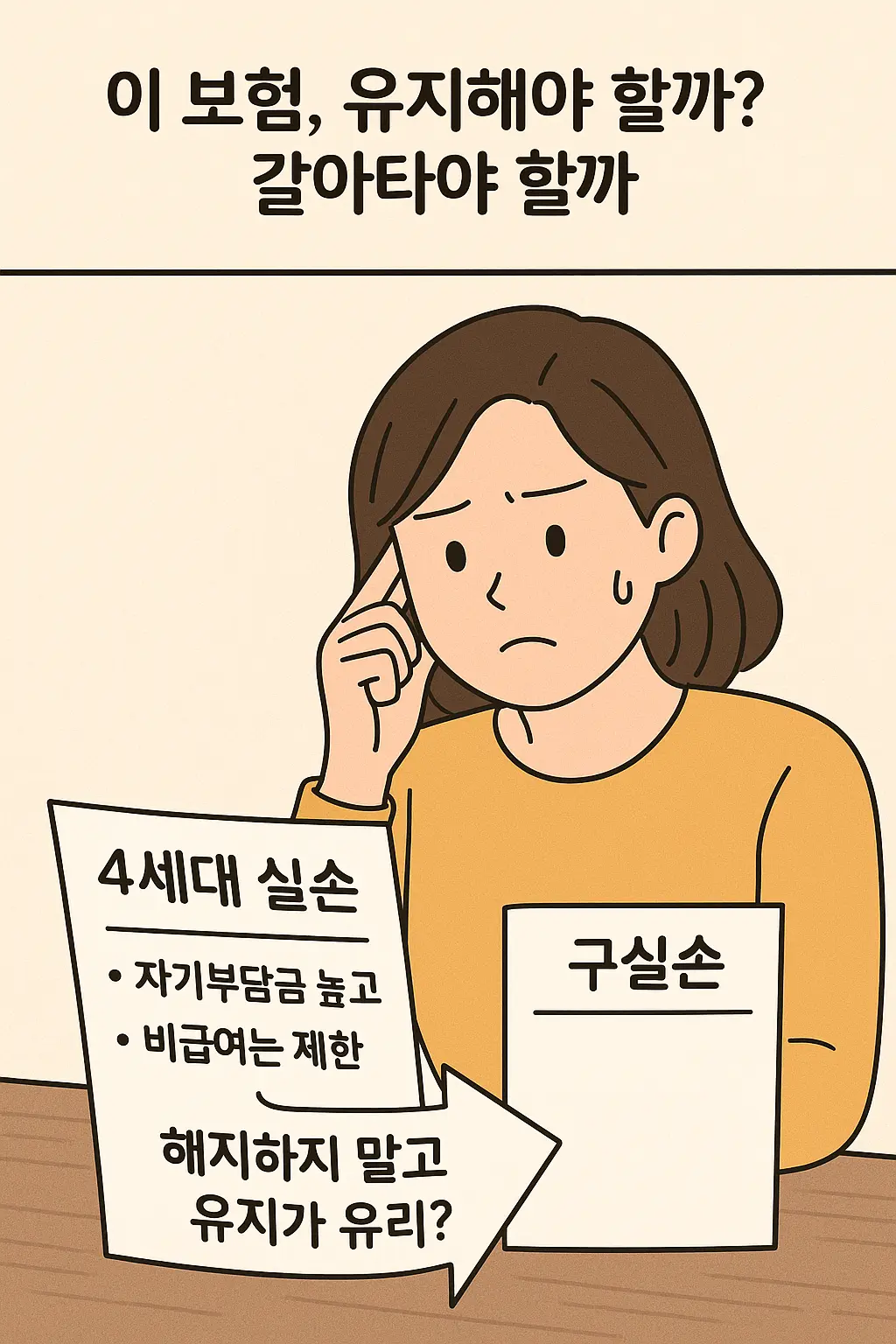 실손보험 유지 여부를 고민하는 여성, 4세대 실손과 구실손을 비교하며 갈아탈지 유지할지 고민하는 장면