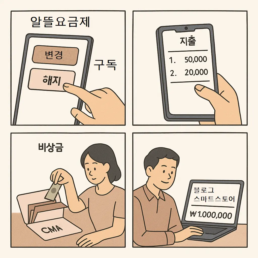 가계 생존 전략 6단계 중 주요 행동 4가지를 보여주는 4컷 만화 – 요금제 변경, 지출 관리, 비상금, 수익 다변화