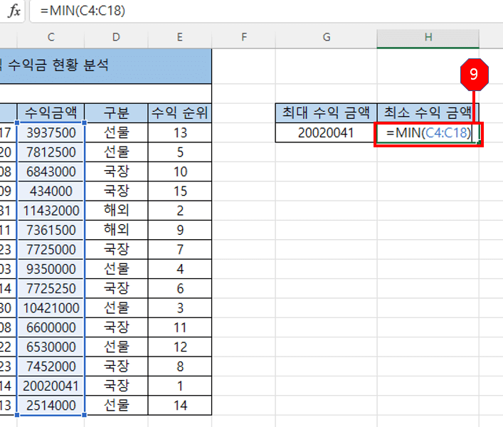 MIN 함수 사용방법 사진