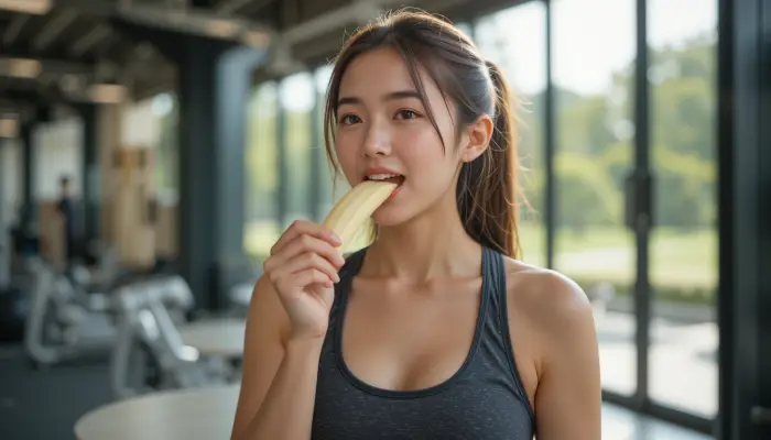 운동 후 바나나로 칼륨을 보충하는 한국인 여성