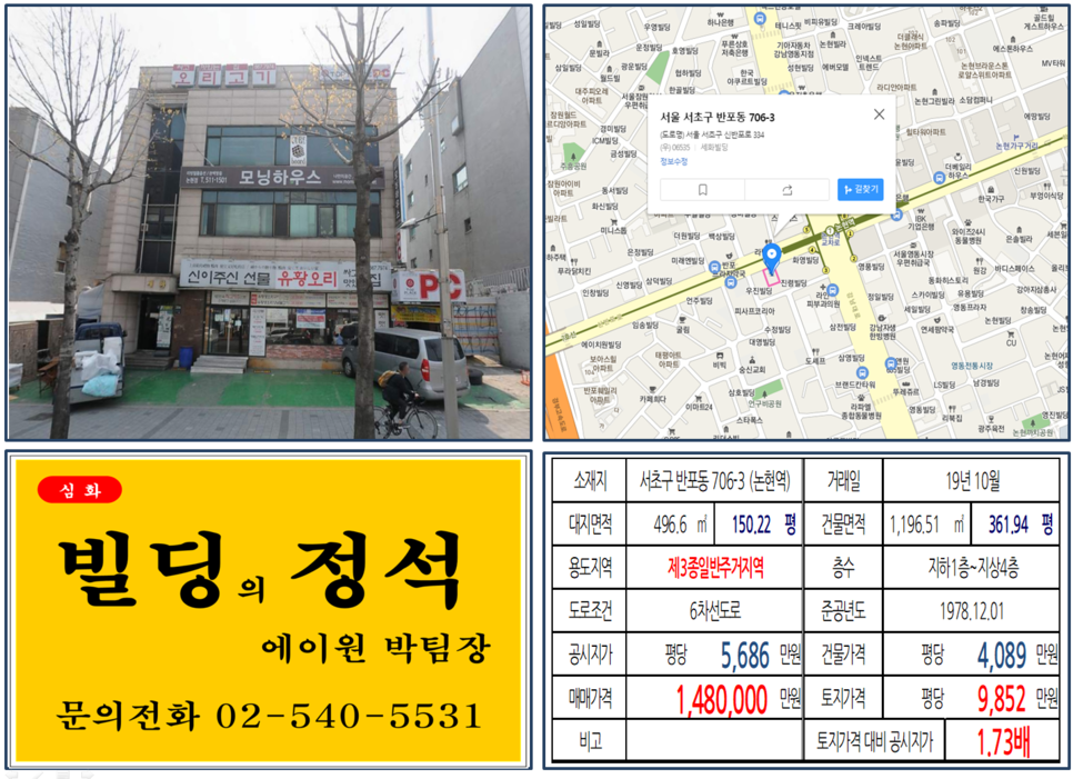  [강남구 신분당선 호재지역 대로변 빌딩 실거래가 조회] 반포동 706-3 (논현역) 148억 원, 평당 9,852만 원, 역세권 대로변 빌딩, 경부고속도로지하화, 7호선 역세권