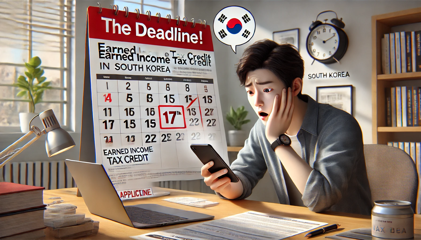 근로장려금 신청 마감일을 확인하는 한국인, 17일 표시된 달력과 온라인 신청 화면
