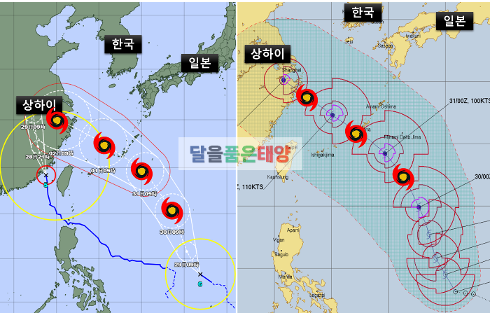 일본기상청-JMA-미해군합동태풍경보센터-JTWC6호-태풍-카눈-예상경로-예측경로-2023년-7월28일-오전-기준
