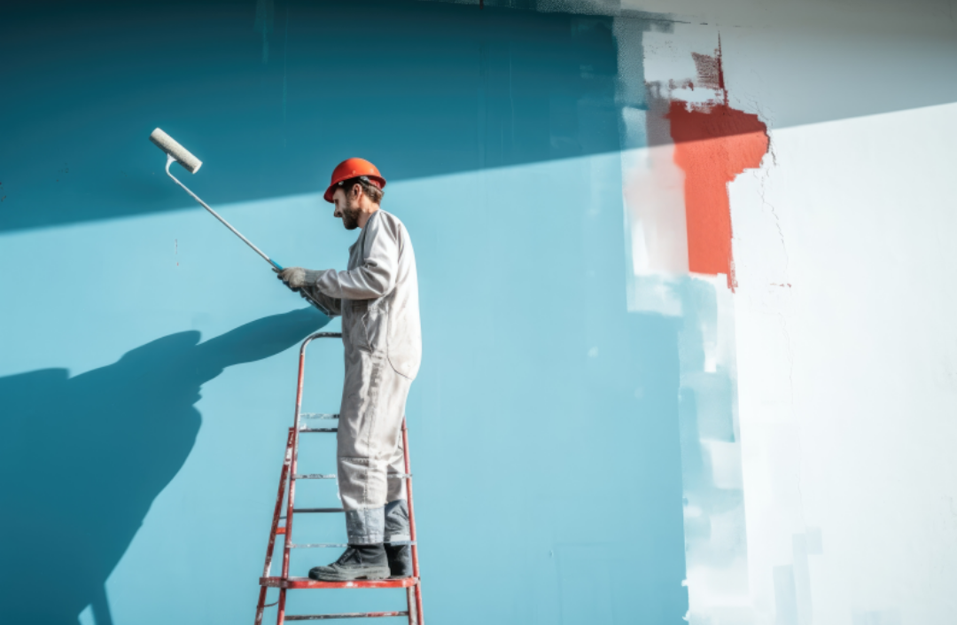 파란색으로 벽을 페인트 칠하고 있는 남자의 모습
