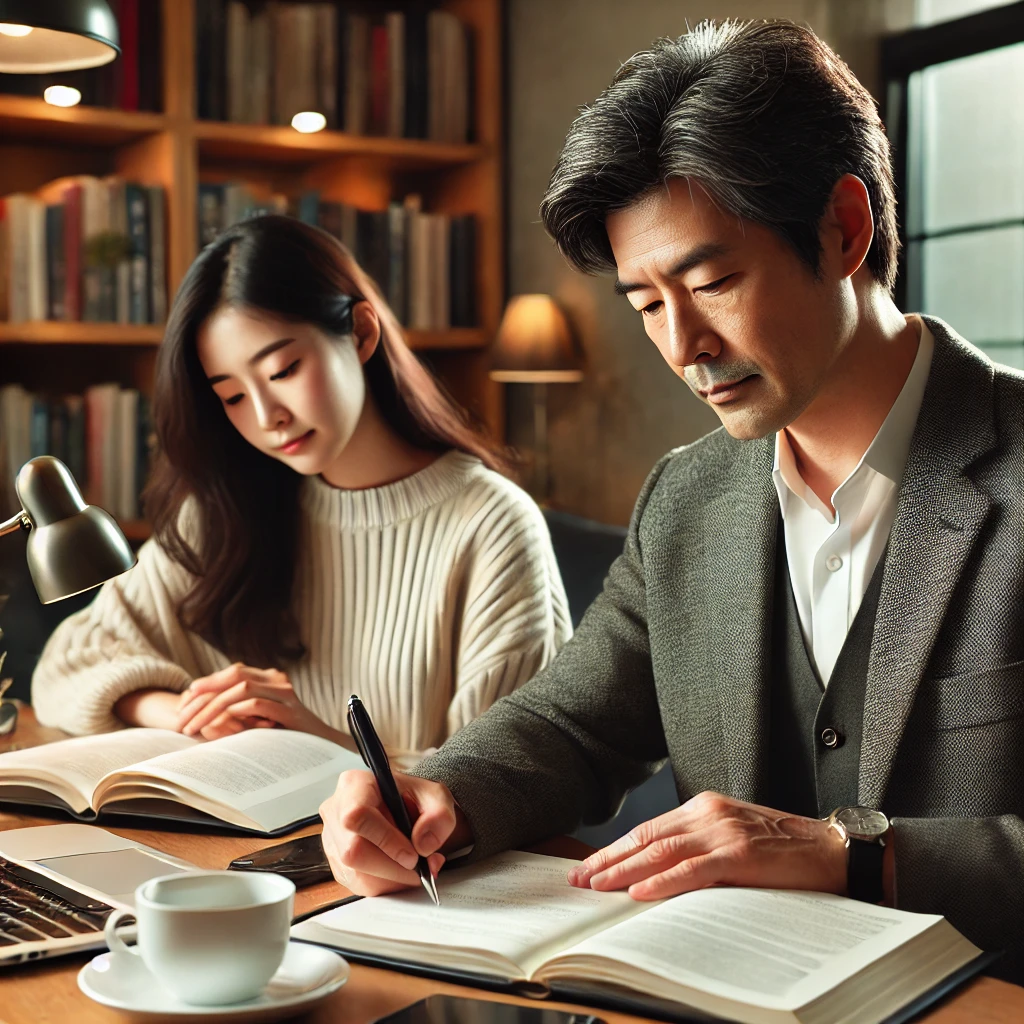 중장년 한국인 남성과 여성이 아늑한 스터디룸에서 국가자격증 시험을 준비하는 모습. 남성은 노트에 필기하고 있으며, 여성은 교재를 읽고 있다. 책상 위에는 커피 한 잔과 노트북이 놓여 있고, 배경에는 책장이 있어 따뜻하고 집중할 수 있는 분위기를 연출한다.