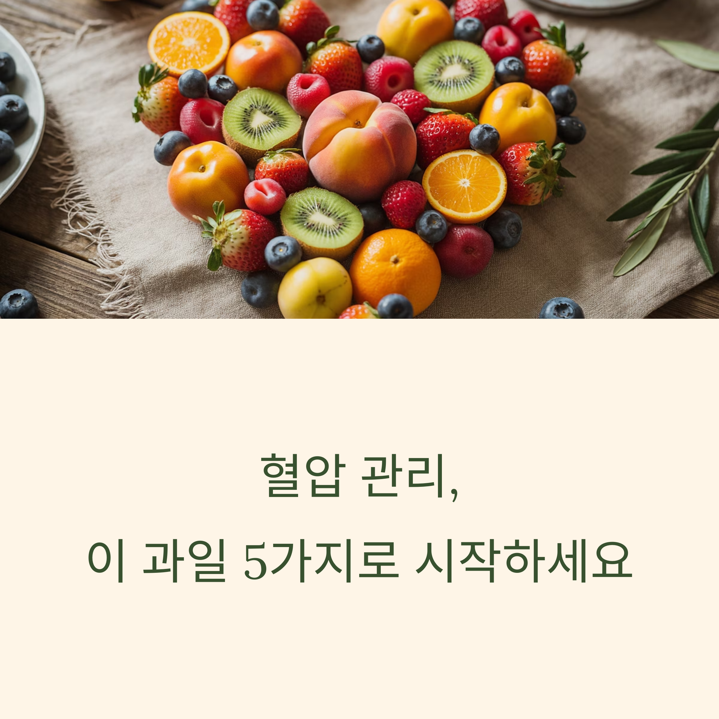 혈압 관리에 도움이 되는 5가지 과일을 강조한 이미지, 다양한 과일이 하트 모양으로 배열되어 건강한 식단 메시지를 전달