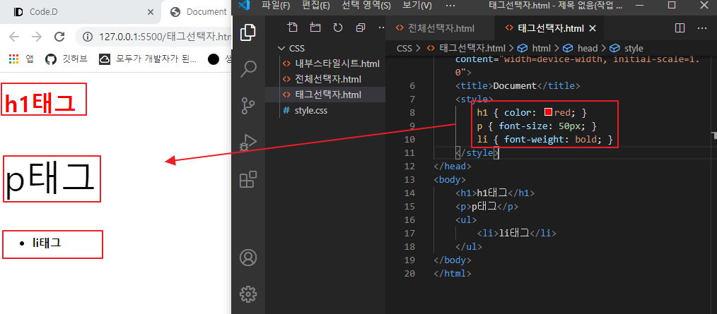 태그 선택자 사용 예시 이미지