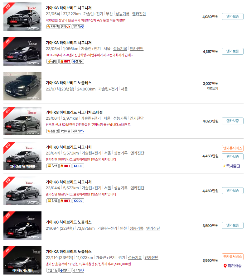 K8 하이브리드(21년~23년식) 중고차 가격