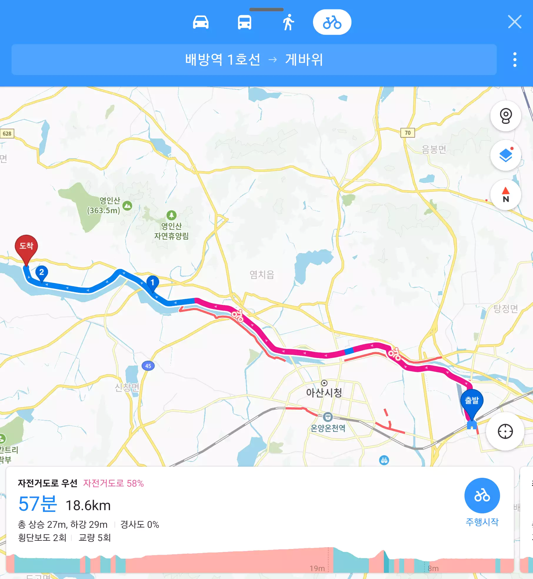 아산 배방역에서 게바위까지 자전거 라이딩 코스