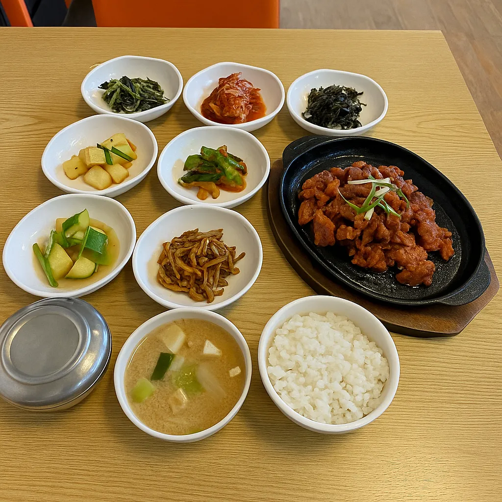 곡성 오곡면 백반 맛집에서 반찬과 주물럭이 정갈하게 차려진 한상