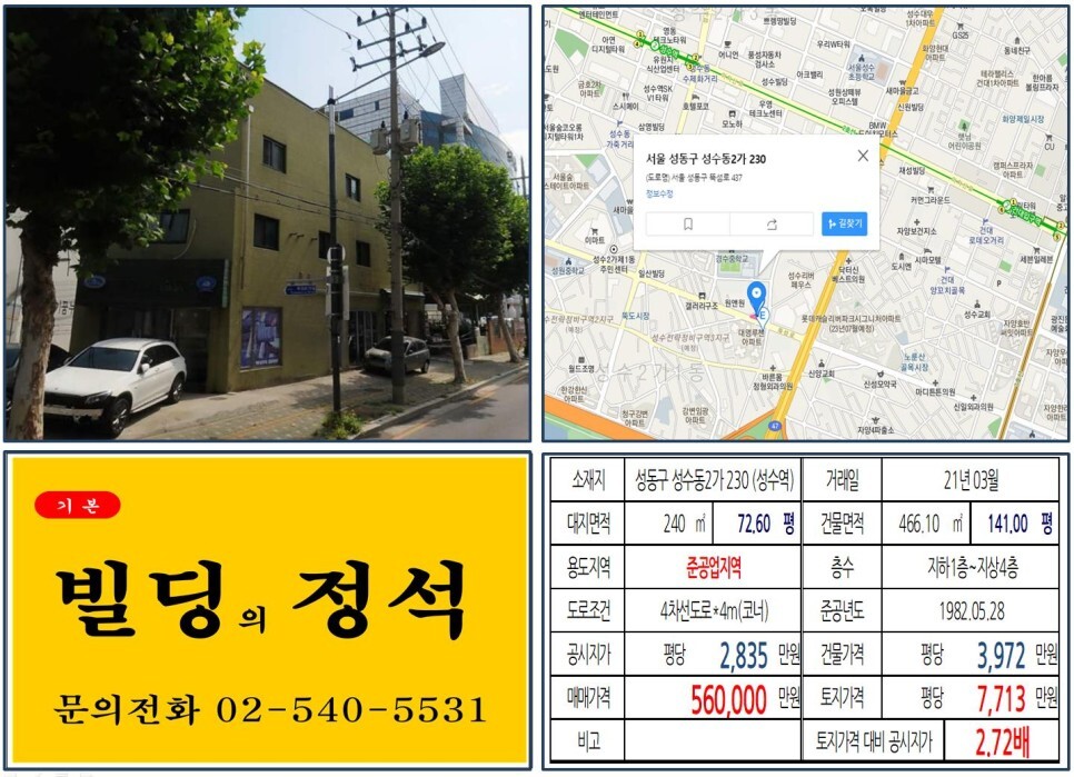  [성동구 성수전략정비구역 50억 꼬마빌딩 실거래가 조회] 성수동2가 230 (성수역) 56억 원, 평당 7,713만 원 매매되었습니다.