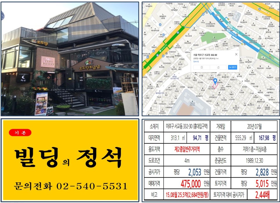  [마포구 연예인 빌딩 실거래가 조회] 서교동 332-30 (홍대입구역) 47.5억 원, 평당 5,015만 원, 악동뮤지션 이찬혁, 홍대입구 먹자