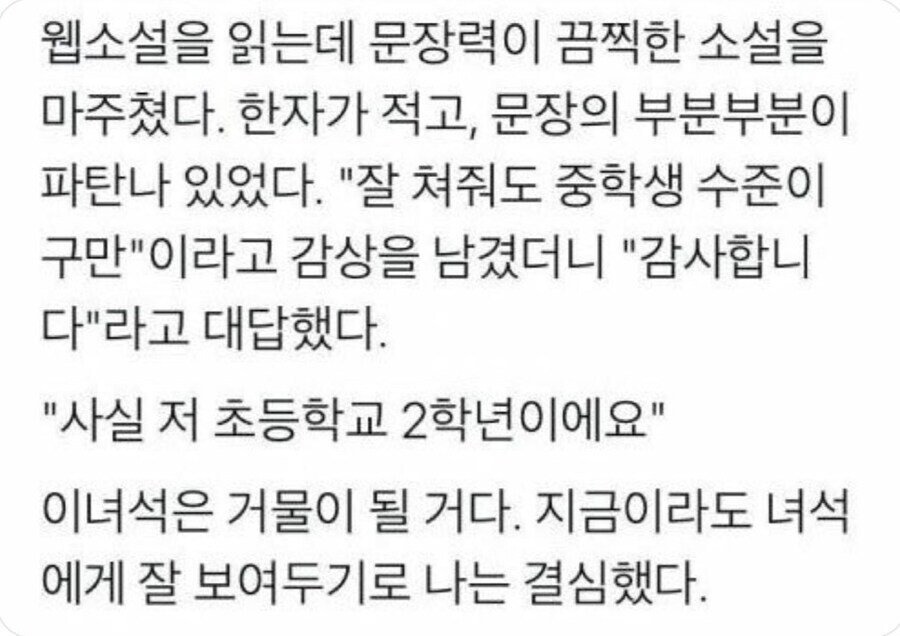 웹소설 작가의 문장력이 끽해야 중학생수준이네