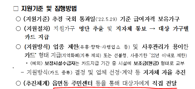 저소득층 한시 긴급생활지원금 지원기준 및 집행방법