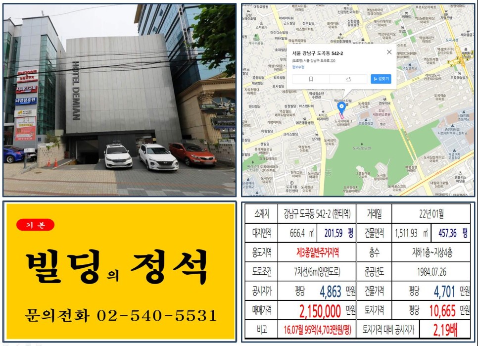  [강남구 도곡로 대로변 200억 빌딩 실거래가 조회] 도곡동 542-2 (한티역) 215억 원, 평당 1억 665만 원 매매되었습니다.