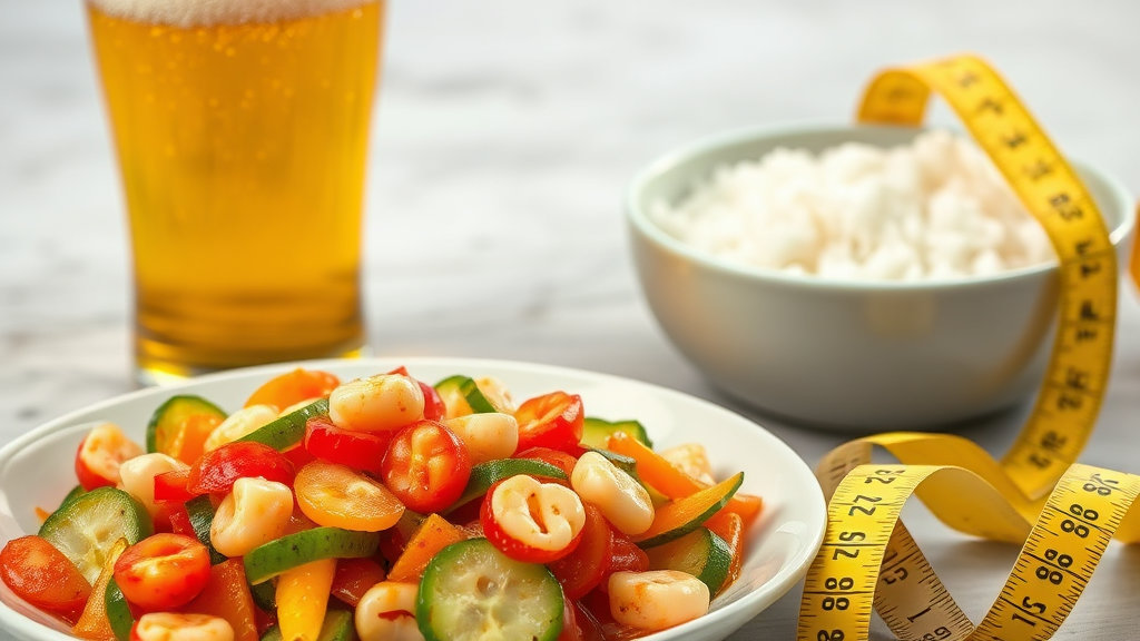 골뱅이오이무침 한 접시 옆에 맥주잔, 밥공기, 그리고 줄자가 놓여 있어 다양한 활용도를 표현하는 이미지.